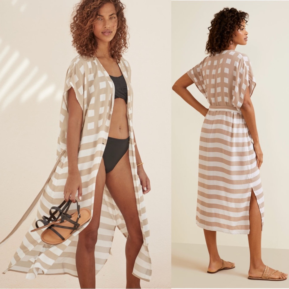 Garnet Hill Long Kimono Cover-Up Women’s Medium Beige Beach Vacation Resortwear